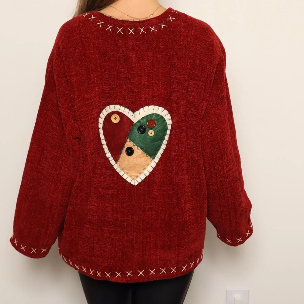 FOR BROOKE! VTGRed Patchwork Open Front Coat with Heart Accents and Deep Pockets - Picture 4 of 6